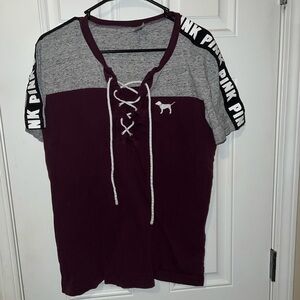 PINK Victoria's Secret Gray and Burgundy Lace-Up Top